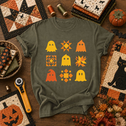 Ghost Quilt Block Grid Halloween T-Shirt - Military Green