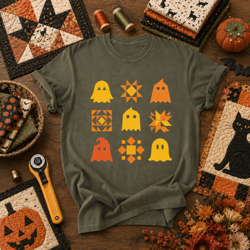 Ghost Quilt Block Grid Halloween T-Shirt - Military Green