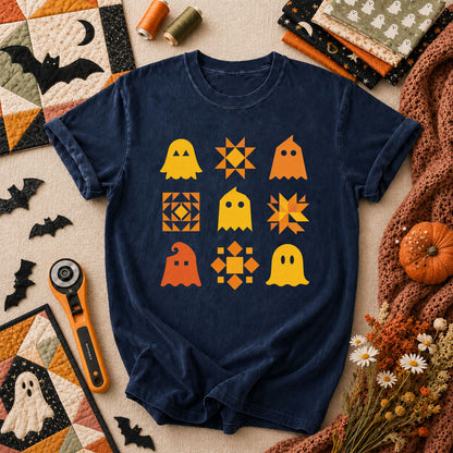 Ghost Quilt Block Grid Halloween T-Shirt - Navy