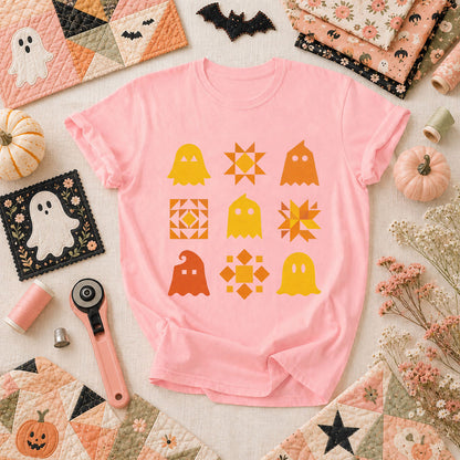 Ghost Quilt Block Grid Halloween T-Shirt - Pink