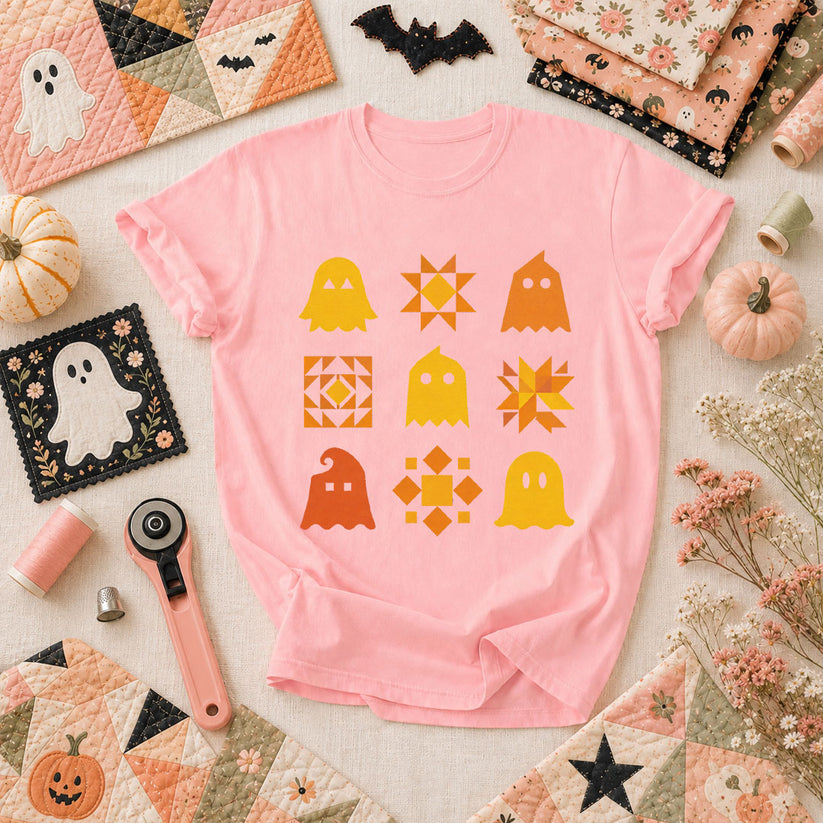 Ghost Quilt Block Grid Halloween T-Shirt - Pink