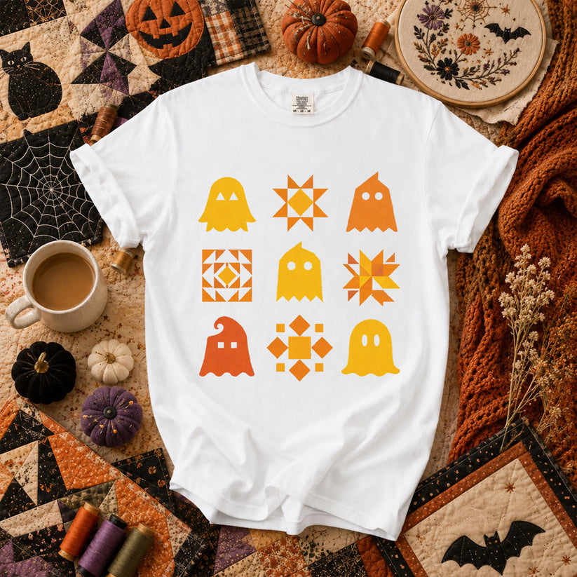 Ghost Quilt Block Grid Halloween T-Shirt - White