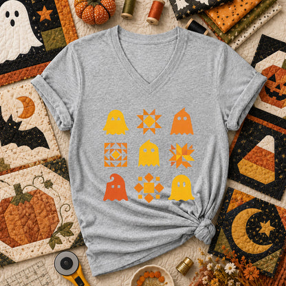 Ghost Quilt Block Grid Halloween Women's V-Neck - Athletic Heather