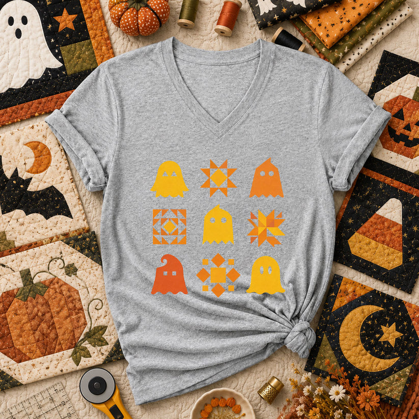 Ghost Quilt Block Grid Halloween Women's V-Neck - Athletic Heather