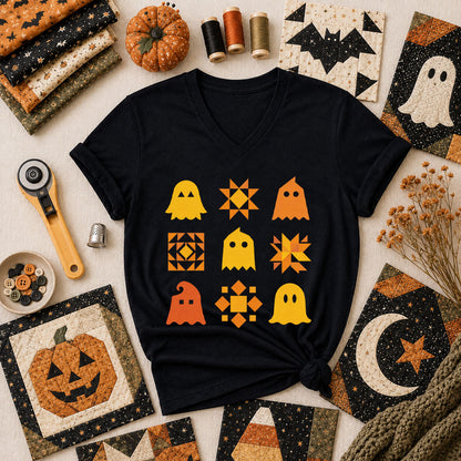Ghost Quilt Block Grid Halloween Women's V-Neck - Black
