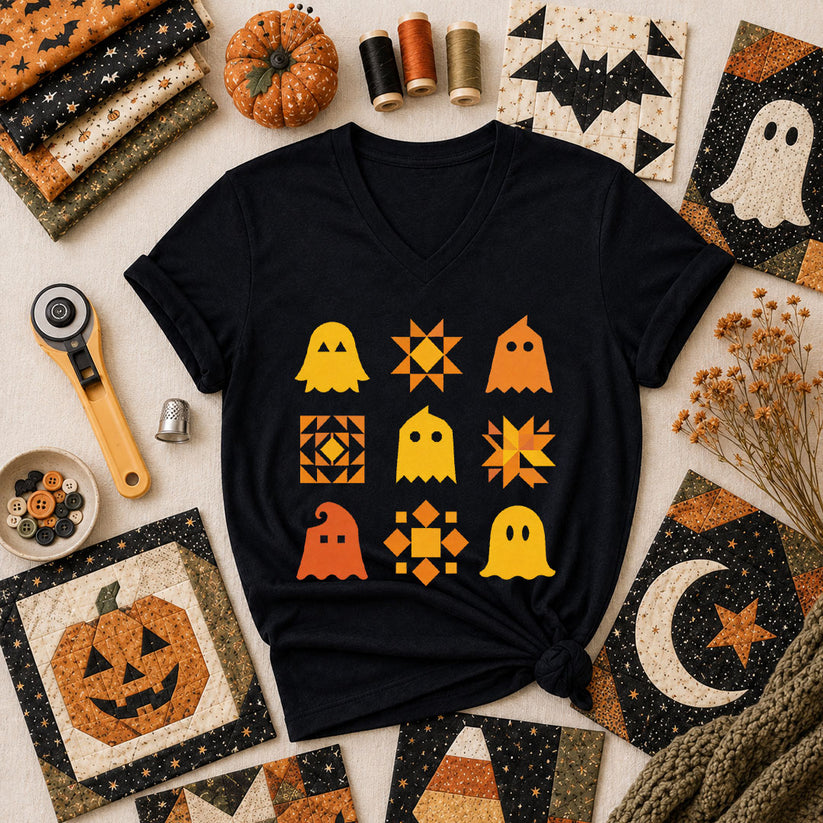 Ghost Quilt Block Grid Halloween Women's V-Neck - Black
