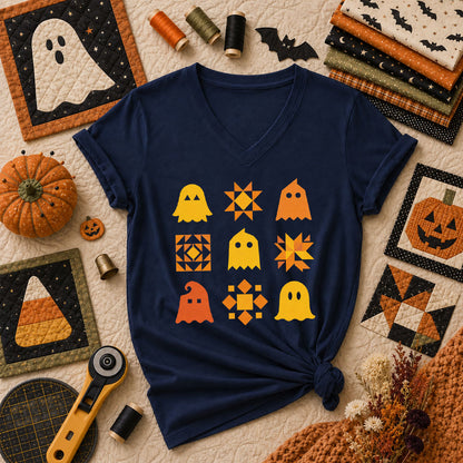 Ghost Quilt Block Grid Halloween Women's V-Neck - Navy