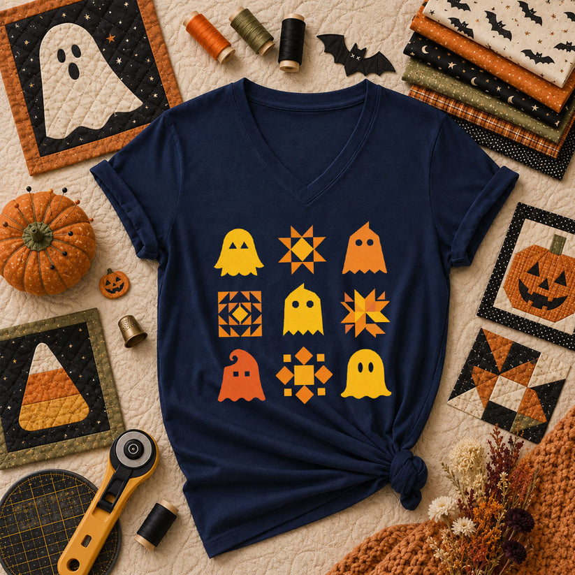 Ghost Quilt Block Grid Halloween Women's V-Neck - Navy
