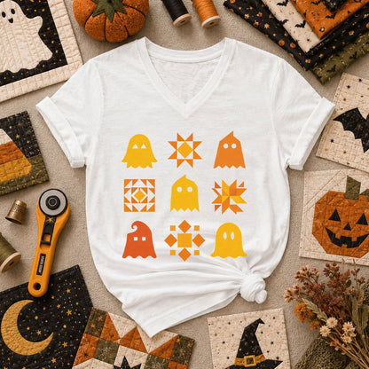 Ghost Quilt Block Grid Halloween Women's V-Neck - White