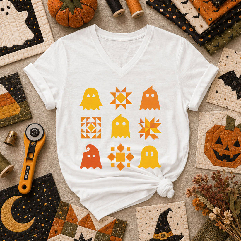 Ghost Quilt Block Grid Halloween Women's V-Neck - White