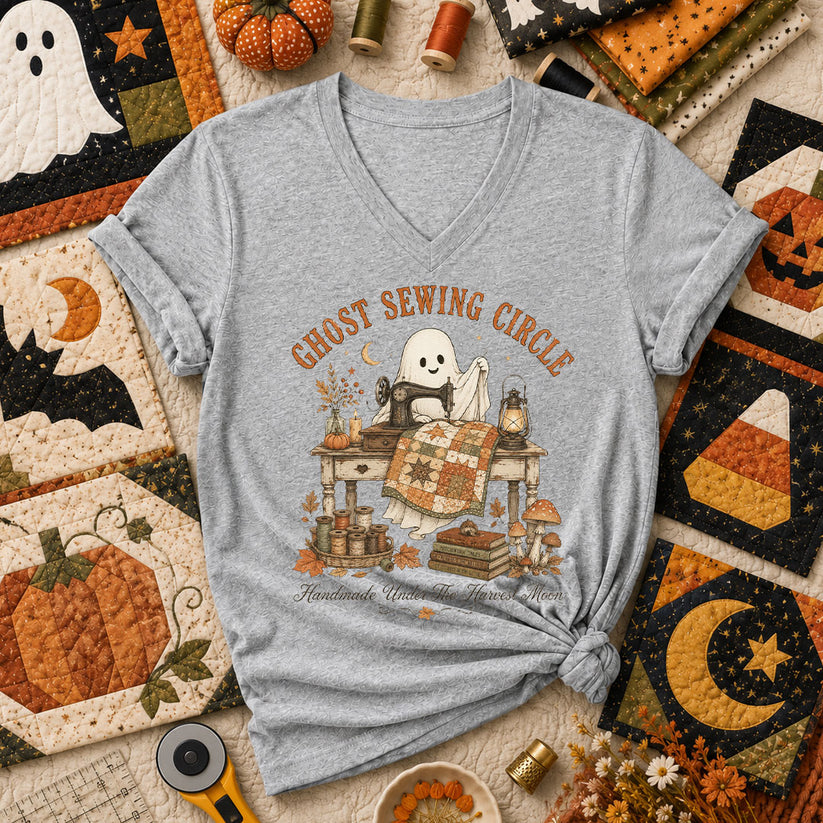 Ghost Sewing Circle Handmade Under The Harvest Moon Women's V-Neck - Athletic Heather