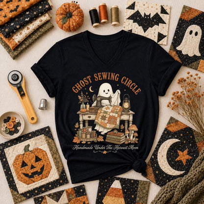 Ghost Sewing Circle Handmade Under The Harvest Moon Women's V-Neck - Black