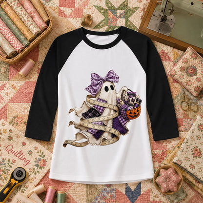 Ghost Wrapped In Measuring Tape With Pumpkin Raglan Sleeve - Black