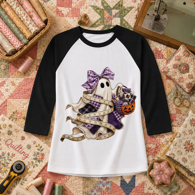 Ghost Wrapped In Measuring Tape With Pumpkin Raglan Sleeve - Black