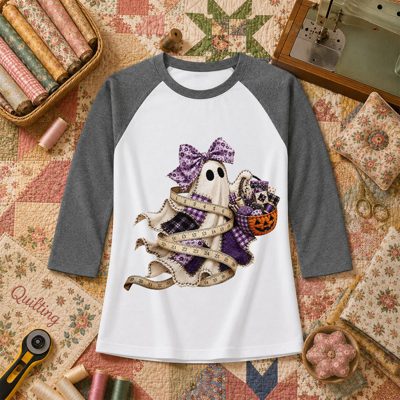 Ghost Wrapped In Measuring Tape With Pumpkin Raglan Sleeve - Deep Heather