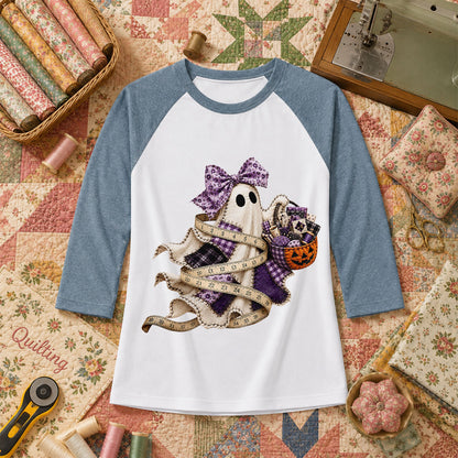 Ghost Wrapped In Measuring Tape With Pumpkin Raglan Sleeve - Denim