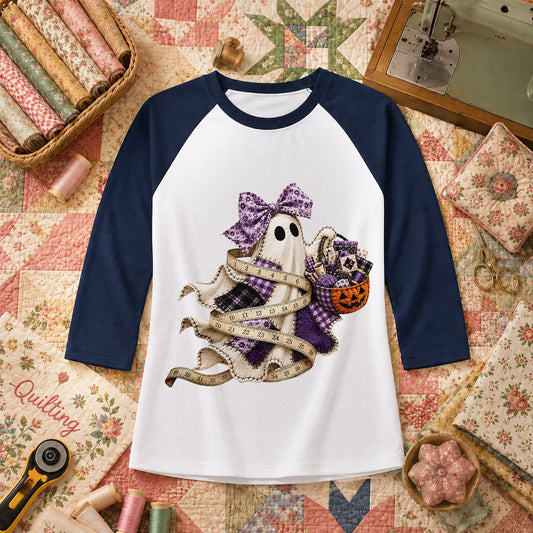 Ghost Wrapped In Measuring Tape With Pumpkin Raglan Sleeve - Navy