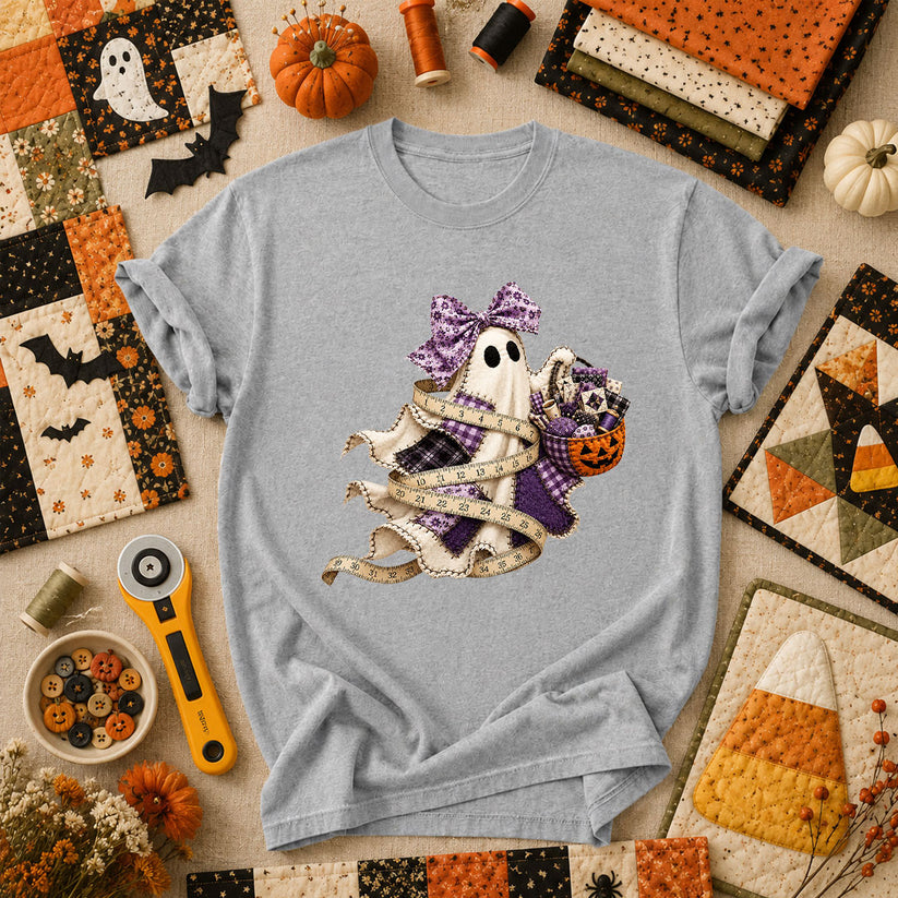 Ghost Wrapped In Measuring Tape With Pumpkin T-Shirt - Athletic Heather
