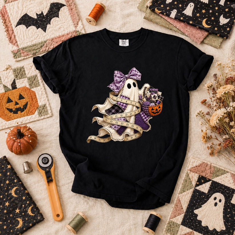 Ghost Wrapped In Measuring Tape With Pumpkin T-Shirt - Black