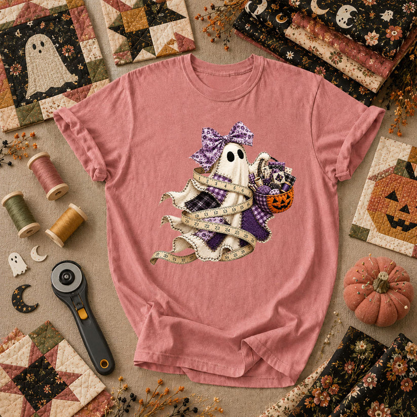 Ghost Wrapped In Measuring Tape With Pumpkin T-Shirt - Heather Mauve