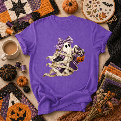 Ghost Wrapped In Measuring Tape With Pumpkin T-Shirt - Heather Team Purple