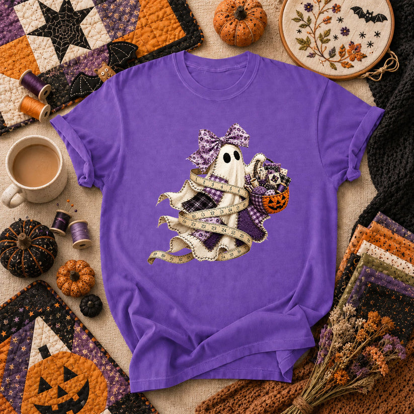 Ghost Wrapped In Measuring Tape With Pumpkin T-Shirt - Heather Team Purple
