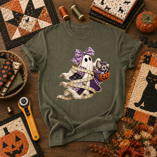 Ghost Wrapped In Measuring Tape With Pumpkin T-Shirt - Military Green