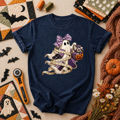 Ghost Wrapped In Measuring Tape With Pumpkin T-Shirt - Navy