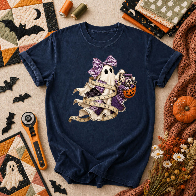Ghost Wrapped In Measuring Tape With Pumpkin T-Shirt - Navy