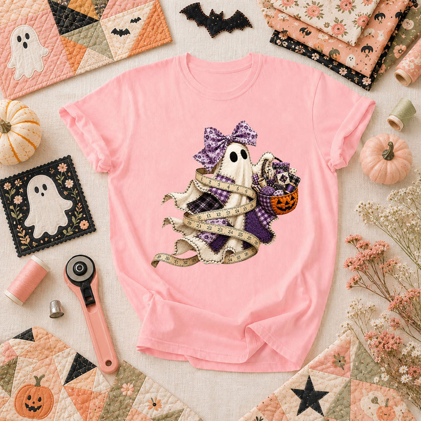 Ghost Wrapped In Measuring Tape With Pumpkin T-Shirt - Pink