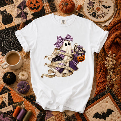 Ghost Wrapped In Measuring Tape With Pumpkin T-Shirt - White