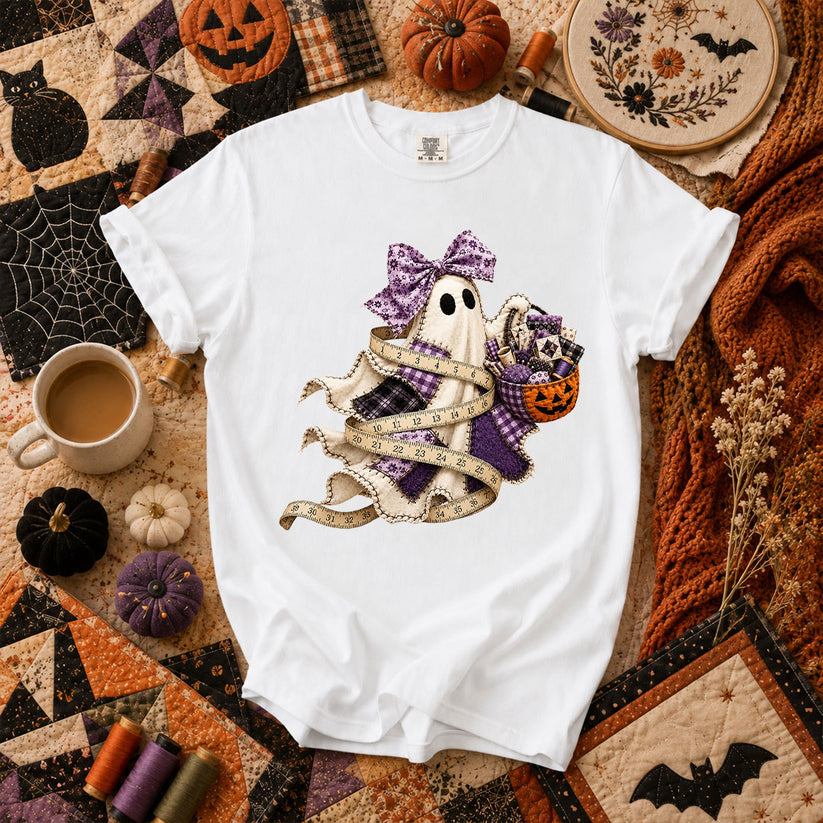 Ghost Wrapped In Measuring Tape With Pumpkin T-Shirt - White