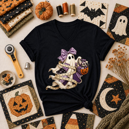 Ghost Wrapped In Measuring Tape With Pumpkin Women's V-Neck - Black