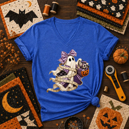 Ghost Wrapped In Measuring Tape With Pumpkin Women's V-Neck - Heather True Royal