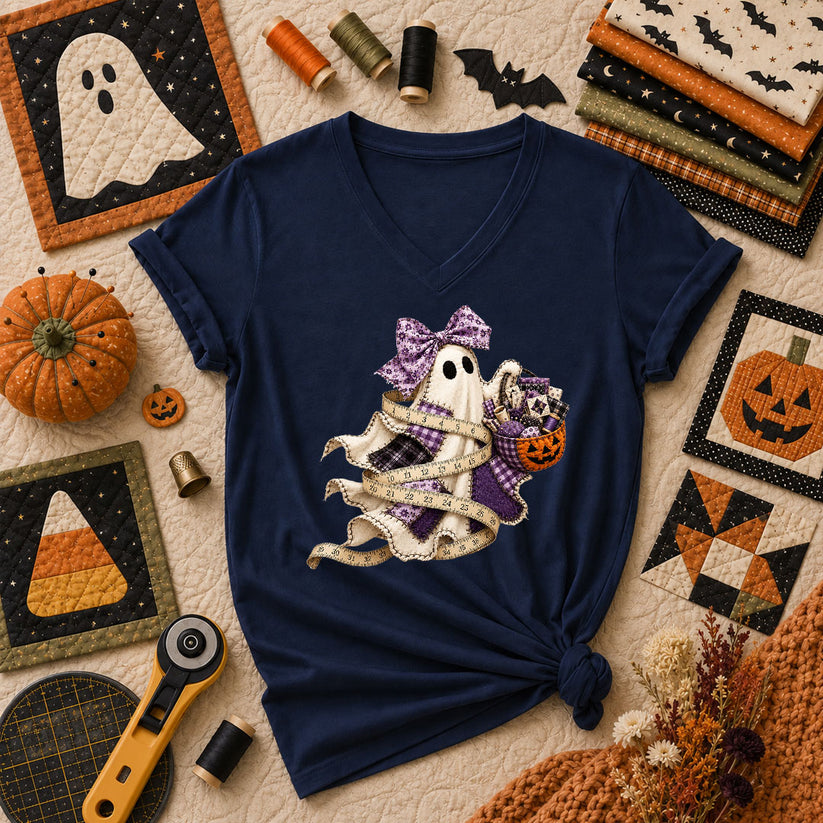 Ghost Wrapped In Measuring Tape With Pumpkin Women's V-Neck - Navy