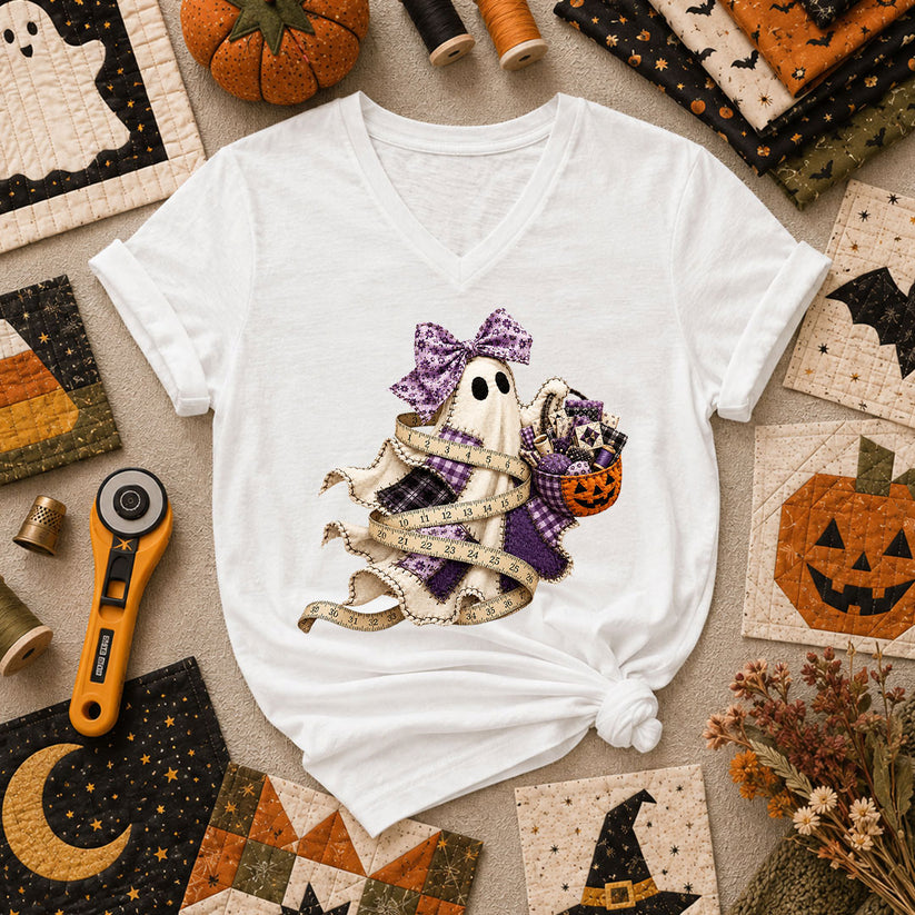 Ghost Wrapped In Measuring Tape With Pumpkin Women's V-Neck - White