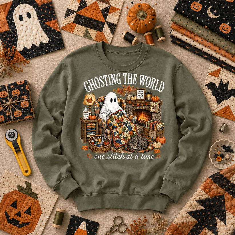 Ghosting The World One Stitch At A Time Long Sleeve - Military Green
