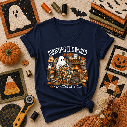 Ghosting The World One Stitch At A Time Women's V-Neck - Navy