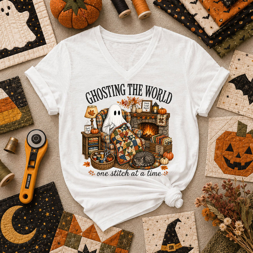 Ghosting The World One Stitch At A Time Women's V-Neck - White