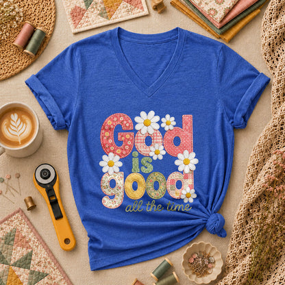 God Is Good All The Time Women's V-Neck - Heather True Royal