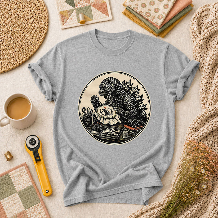 Godzilla Quilter Craft Destroy Repeat Vintage T-Shirt - Athletic Heather