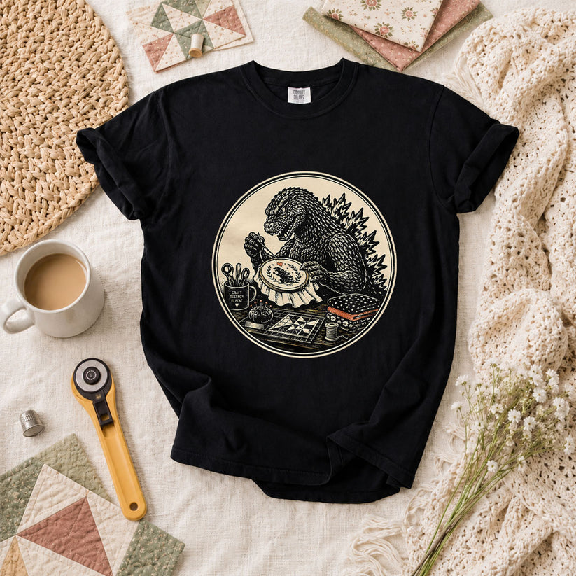 Godzilla Quilter Craft Destroy Repeat Vintage T-Shirt - Black