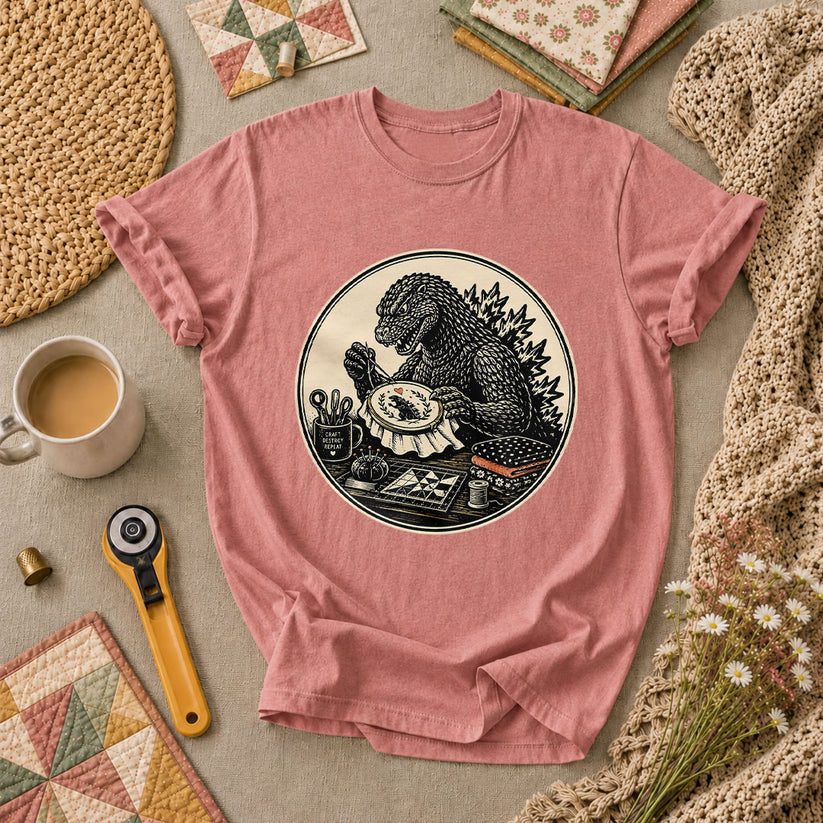 Godzilla Quilter Craft Destroy Repeat Vintage T-Shirt - Heather Mauve