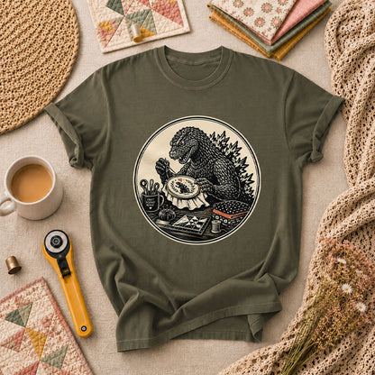 Godzilla Quilter Craft Destroy Repeat Vintage T-Shirt - Military Green