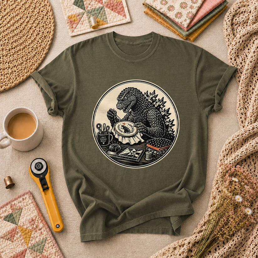 Godzilla Quilter Craft Destroy Repeat Vintage T-Shirt - Military Green