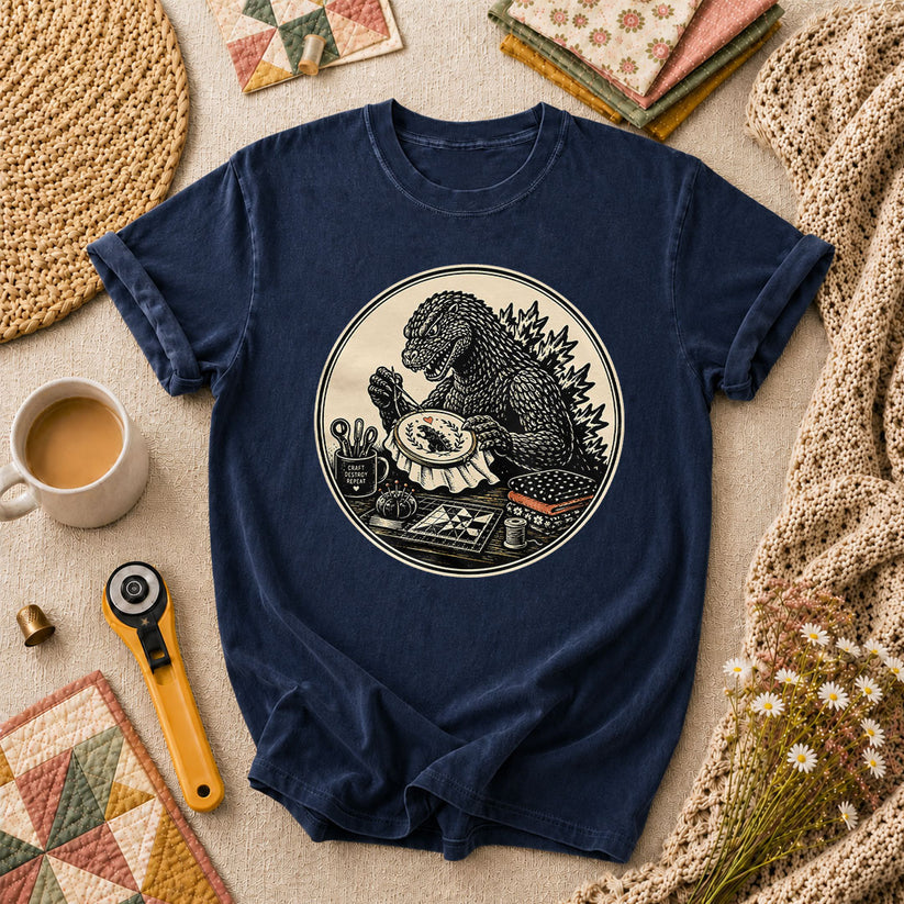 Godzilla Quilter Craft Destroy Repeat Vintage T-Shirt - Navy