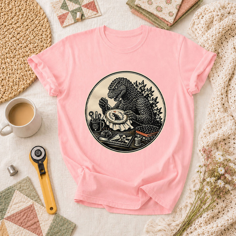 Godzilla Quilter Craft Destroy Repeat Vintage T-Shirt - Pink