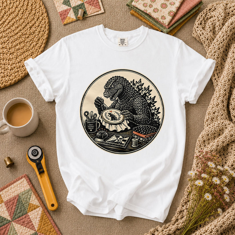 Godzilla Quilter Craft Destroy Repeat Vintage T-Shirt - White