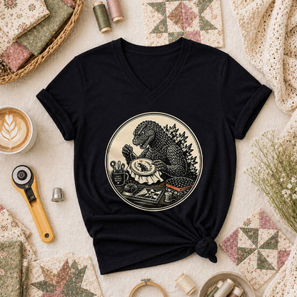 Godzilla Quilter Craft Destroy Repeat Vintage Women's V-Neck - Black