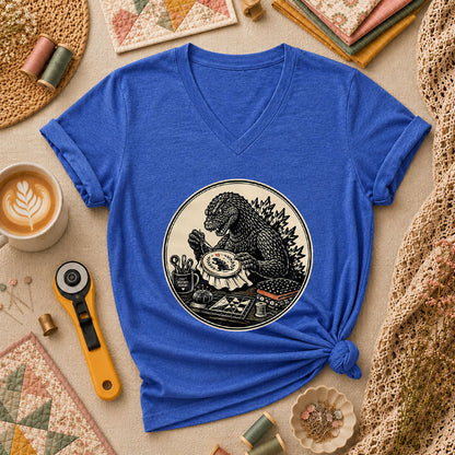 Godzilla Quilter Craft Destroy Repeat Vintage Women's V-Neck - Heather True Royal
